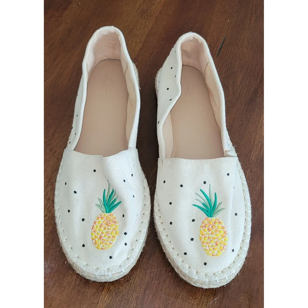 Loft Womens Pineapple Embroidered Espadrille Flats Cream Polka Dot Slip On Shoes